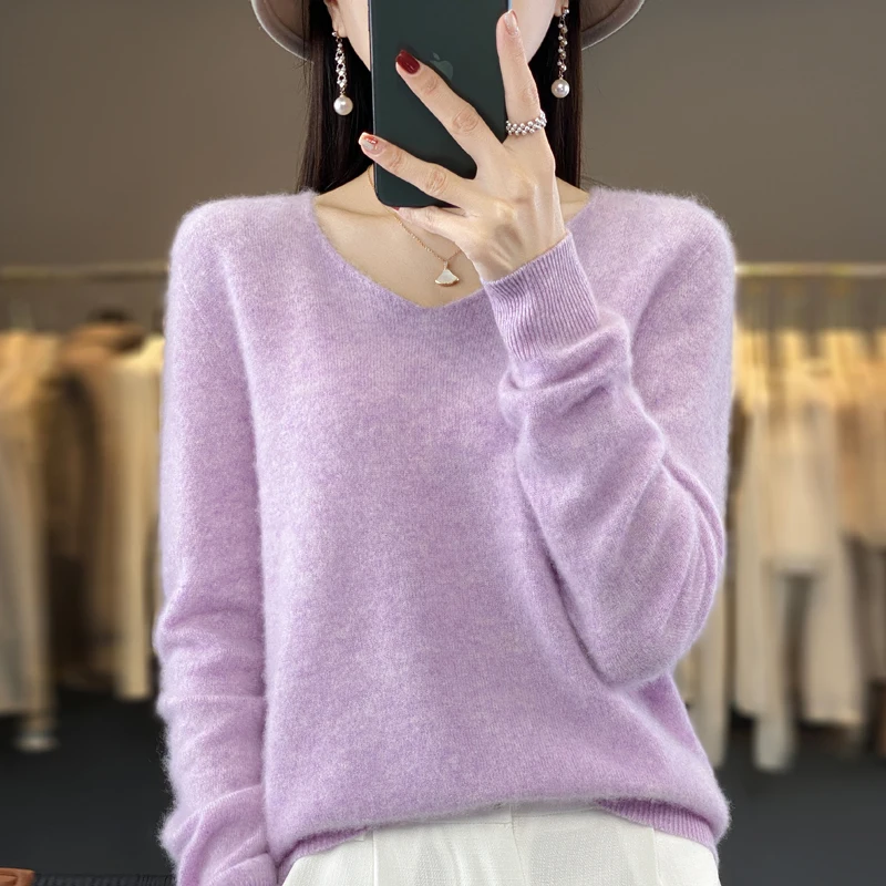 2024 100% Merino Pure Wool V-neck Autumn And Winter Pullover Sweater New Cashmere Sweater Women\'s Casual Knitted Top DMR201