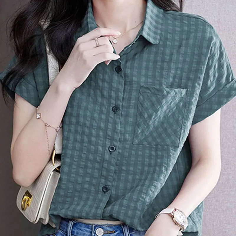 Women\'s Clothing Fashion Plaid Blouse 2024 Commute Single-breasted Casual Pockets Patchwork Summer Turn-down Collar Loose Shirt