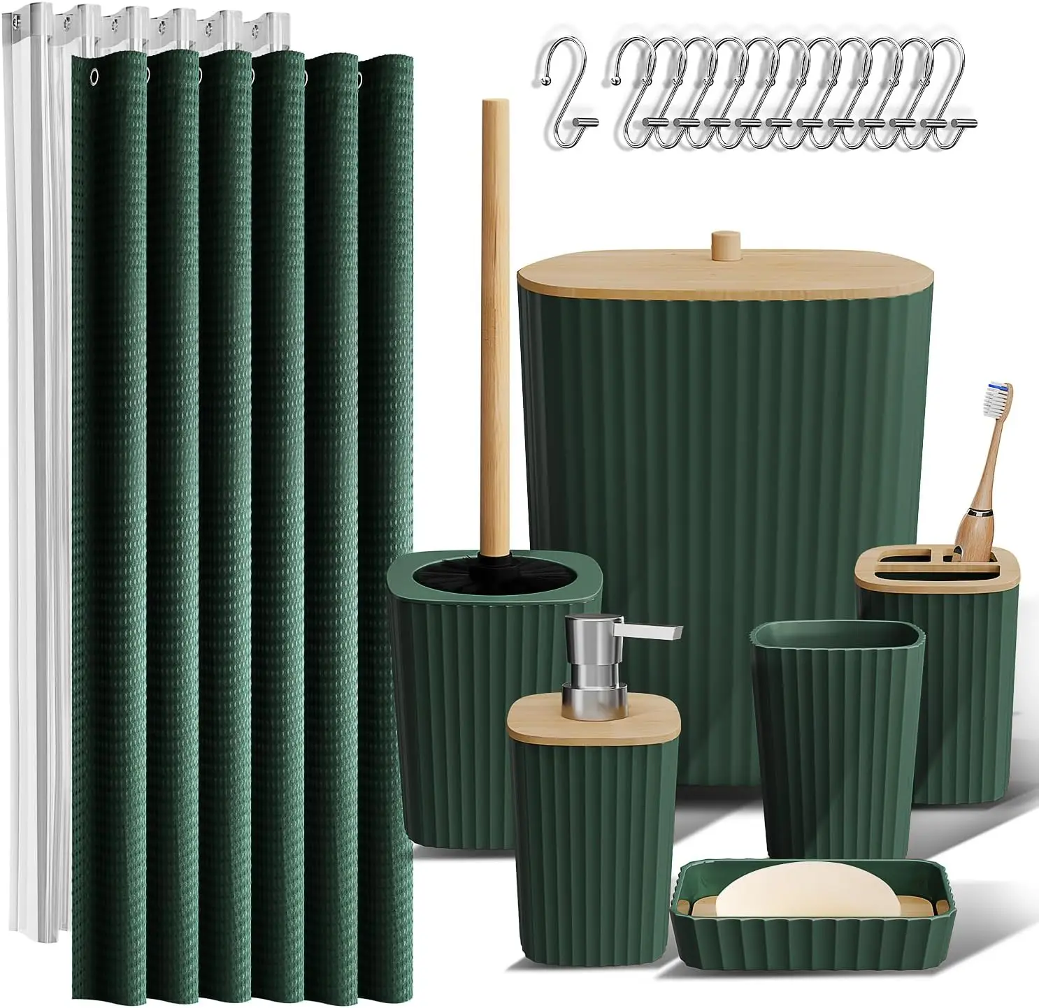

Green Bathroom Accessory Set with Shower Curtain, Toilet Brush, Trash Can & Soap Dispenser - 20PC