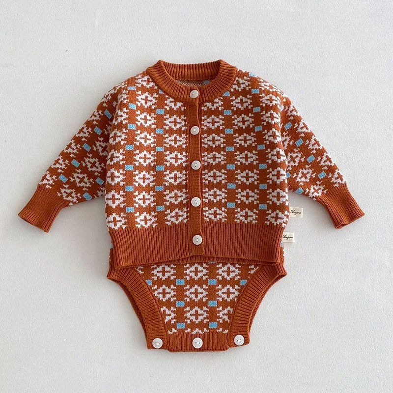 2024 New Autumn Infant Baby Girls Knitted Clothing Suit Long Sleeved Knitted Cardigan+Jumpsuit Children Knitted Clothes Set