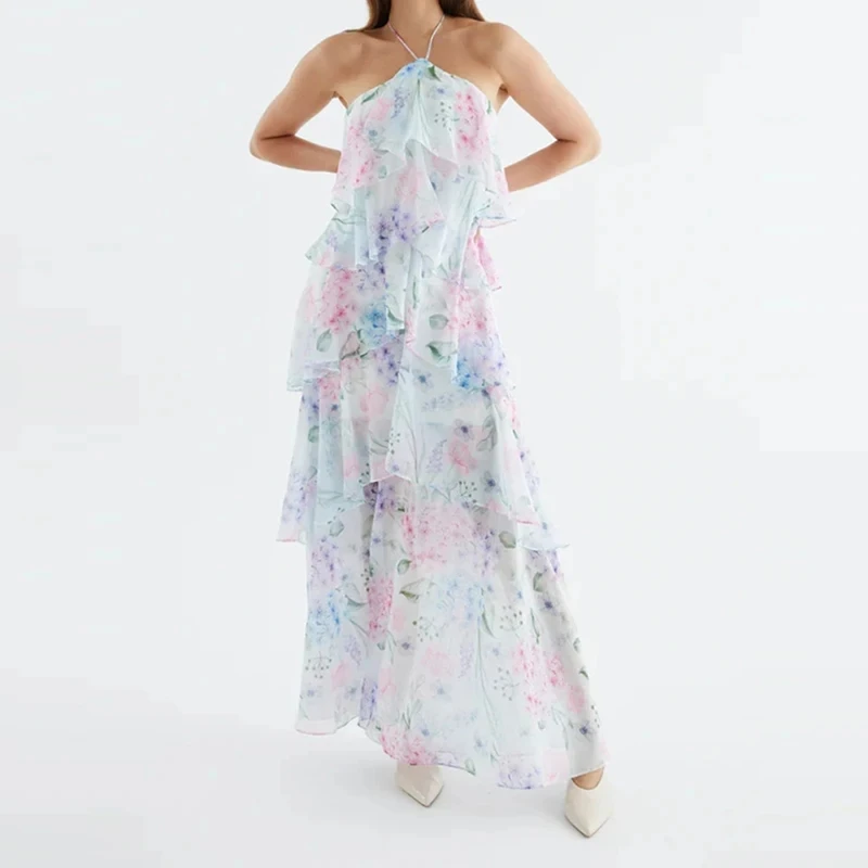 

Elegant Lady High Waist Backless Cake Dress Temperament Women's Banquet Prom Gown Sexy Off Shoulder Pleated Printed Maxi Dress