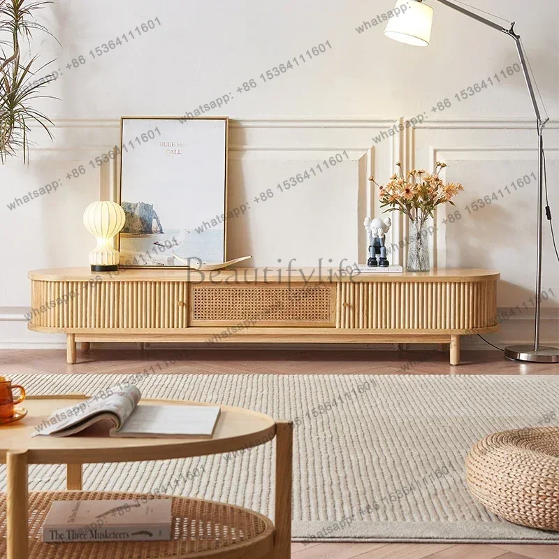 Simple modern solid wood TV cabinet Japanese rattan roller shutter integrated storage