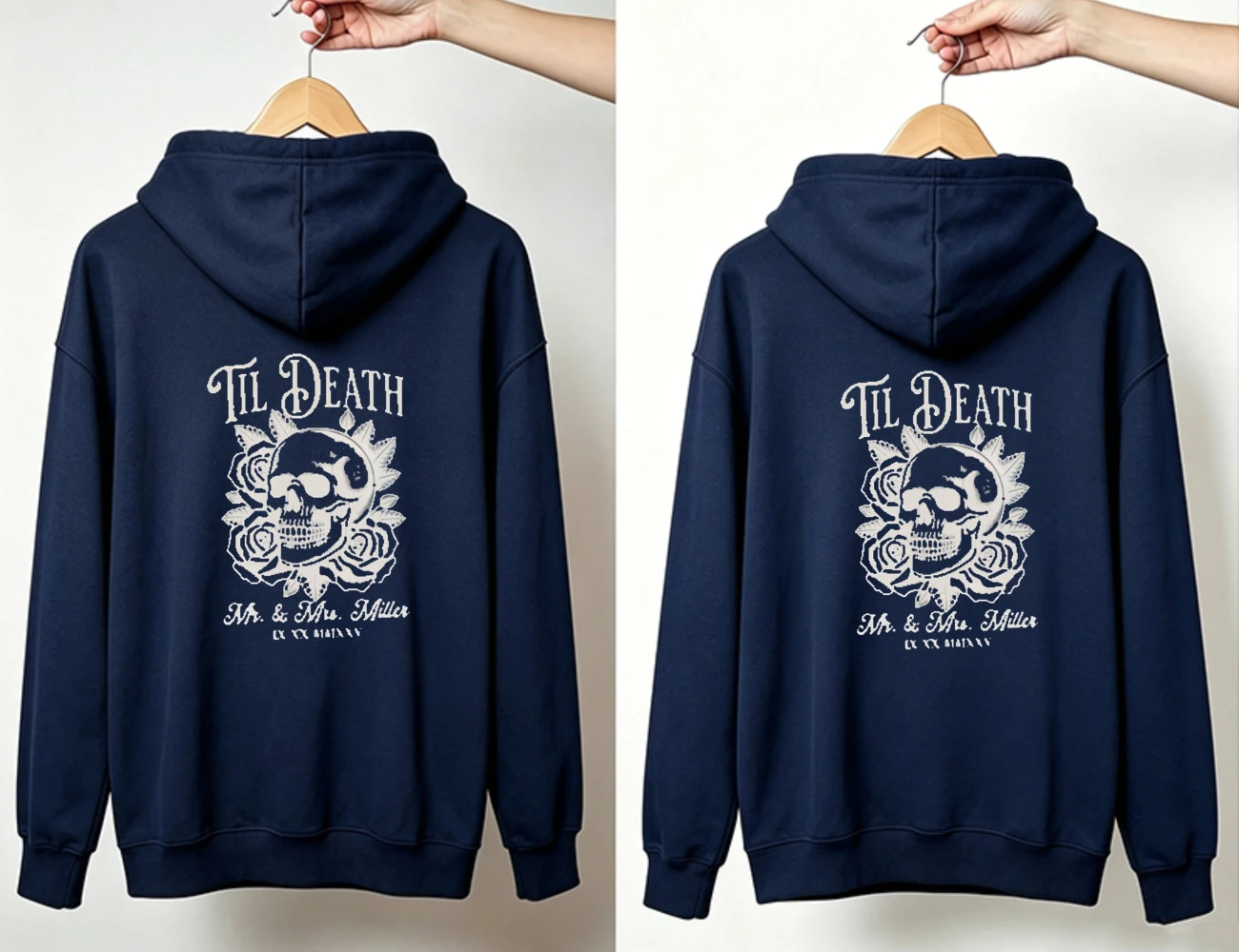Customizable Til Death Mr & Mrs Couple Matching Hoodies Skull Rose Vintage Hooded Pullover Sweatshirt Anniversary Couple Gift