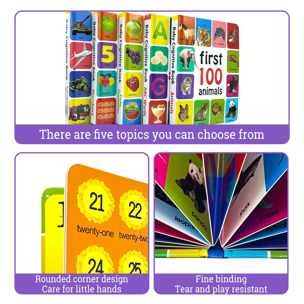 Infant Cognitive Development Books - 5 Topics: Animals, Letter Words, Fruits and Vegetables, Numbers 1-100, Transportation