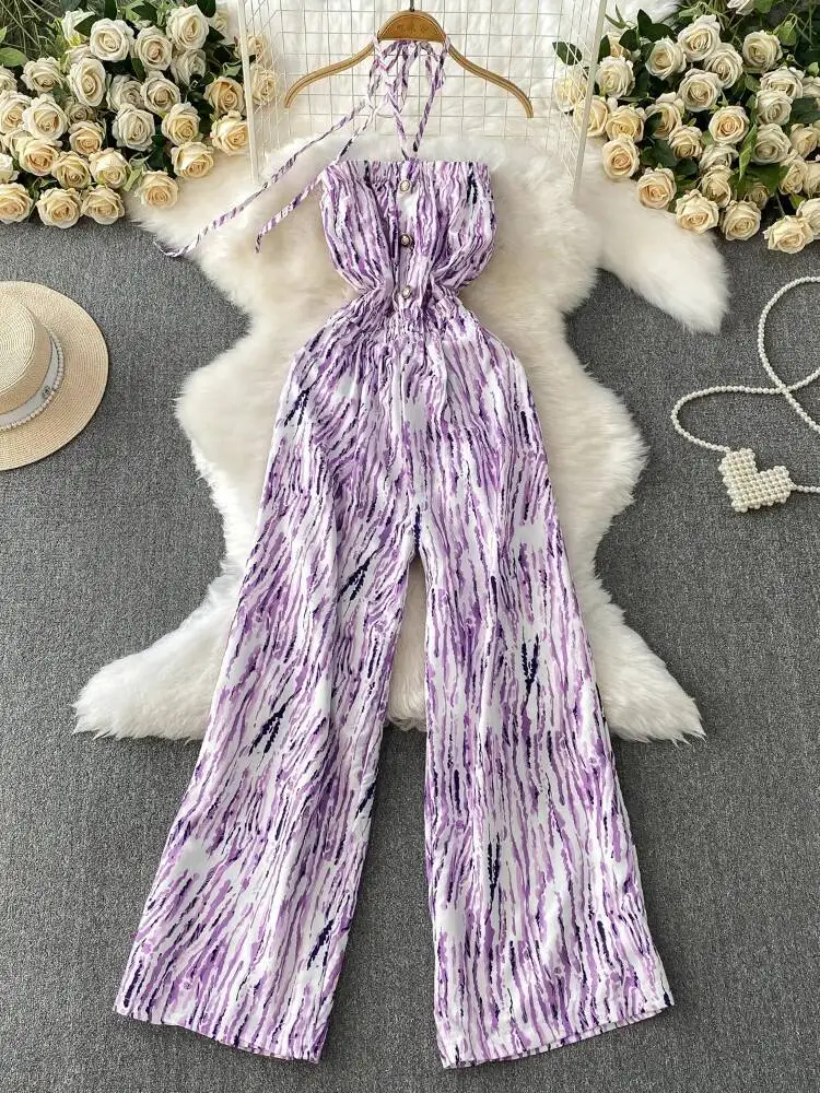 夏のセクシーなジャンプスーツ女性プリント胸ラップぶら下げネックストリートジャンプスーツ女性ストレートレッグワイドレッグパンツロンパース