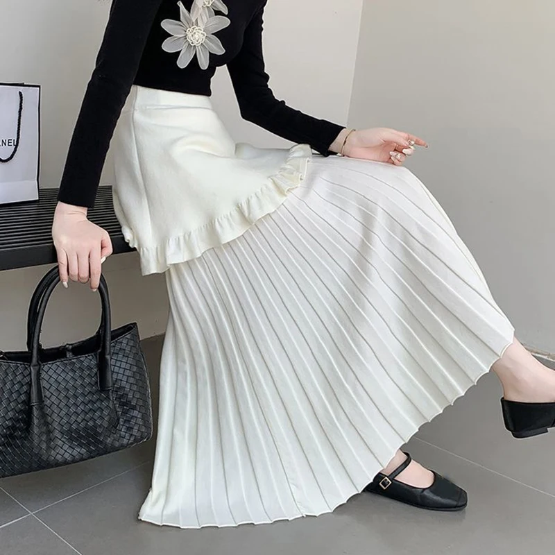 Elegant Knit Midi Skirt Women Autumn Winter Office Lady Simple A Line Skirts High Waist Ruffles Fake Two Piece Patchwork Skirt