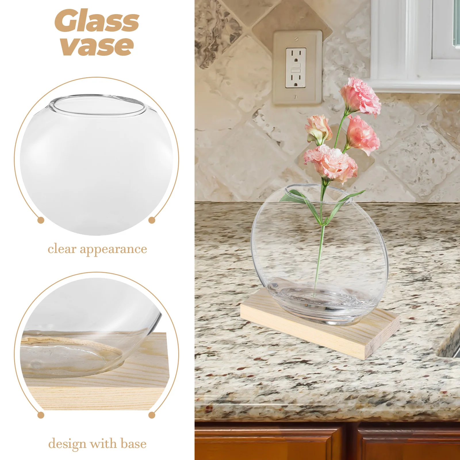

2Sets Clear Glass Flower Vase Wood Art Small Desktop Planter Propagation Hydroponic Vase for Home Office Decoration
