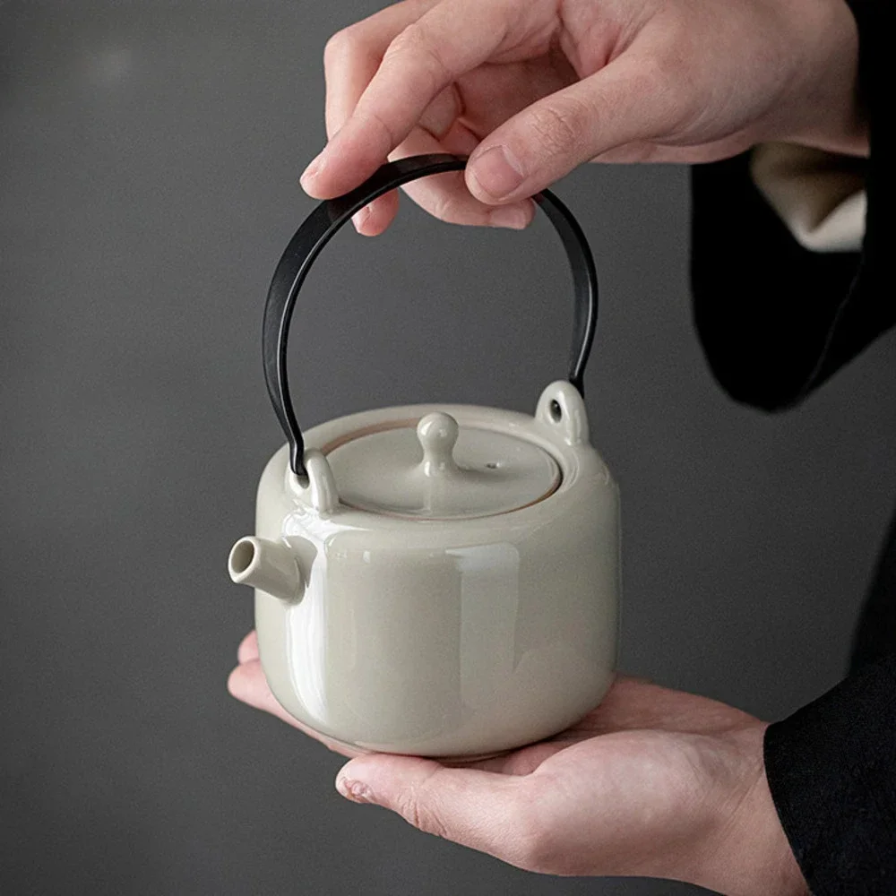 250ml Retro Grass Wood Ash Ceramic Teapot Handmade Hoop Handle Beam Pot Tea Soaking Kettle Drinkware Accessories Collection Gift