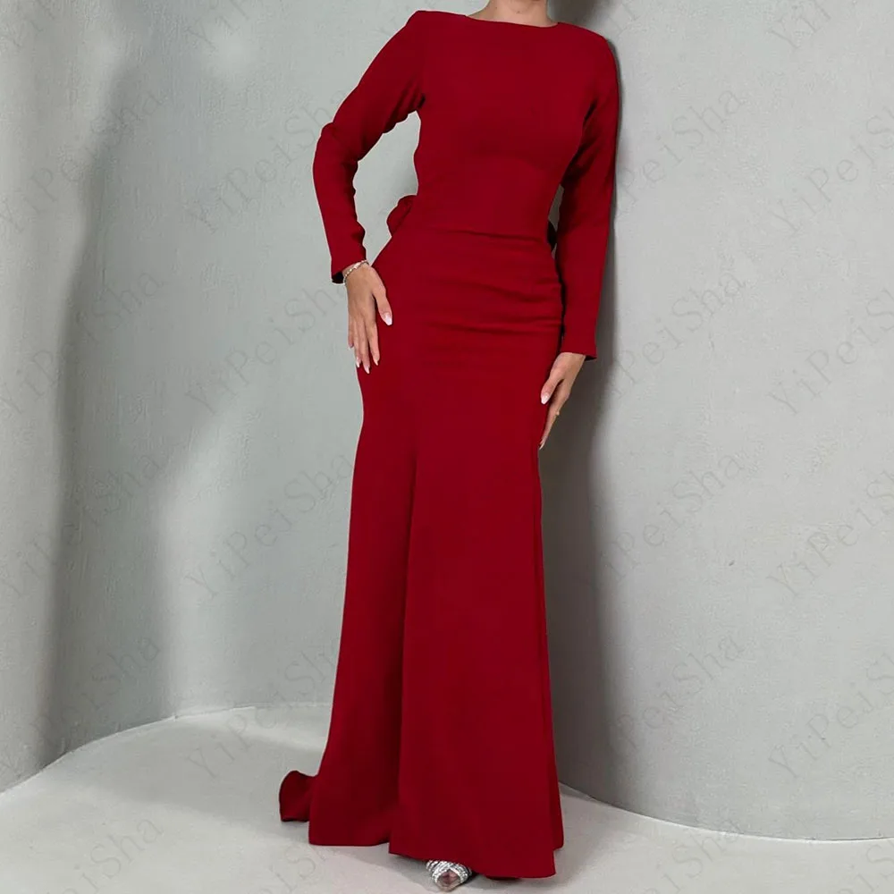 Customized A-Line Prom Dresses Floor-Length O-Neck Full Sleeve Evening Gown Fashion Backless Flowers Simple Draped Party Gown