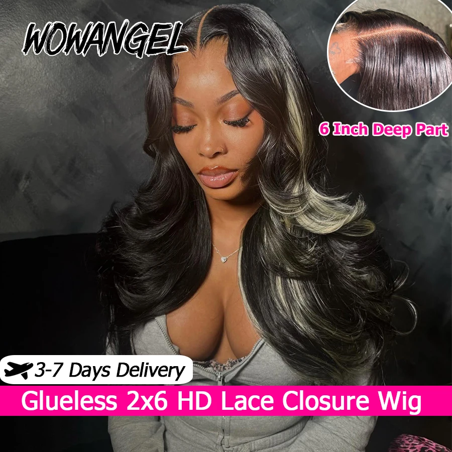 Blonde Perücke mit schwarzen Streifen, 2x6 HD Lace Closure Perücke, 613 #   Echthaar-Perücke mit Körperwelle, tiefer Mittelscheitel, kleberlose Perücke für Frauen