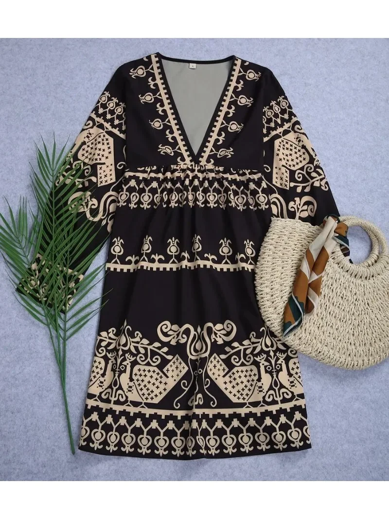 Summer Dress Boho Spring New Women\'s Loose Full Body Printed Short Skirt V-neck Pullover Long Sleeve Dress