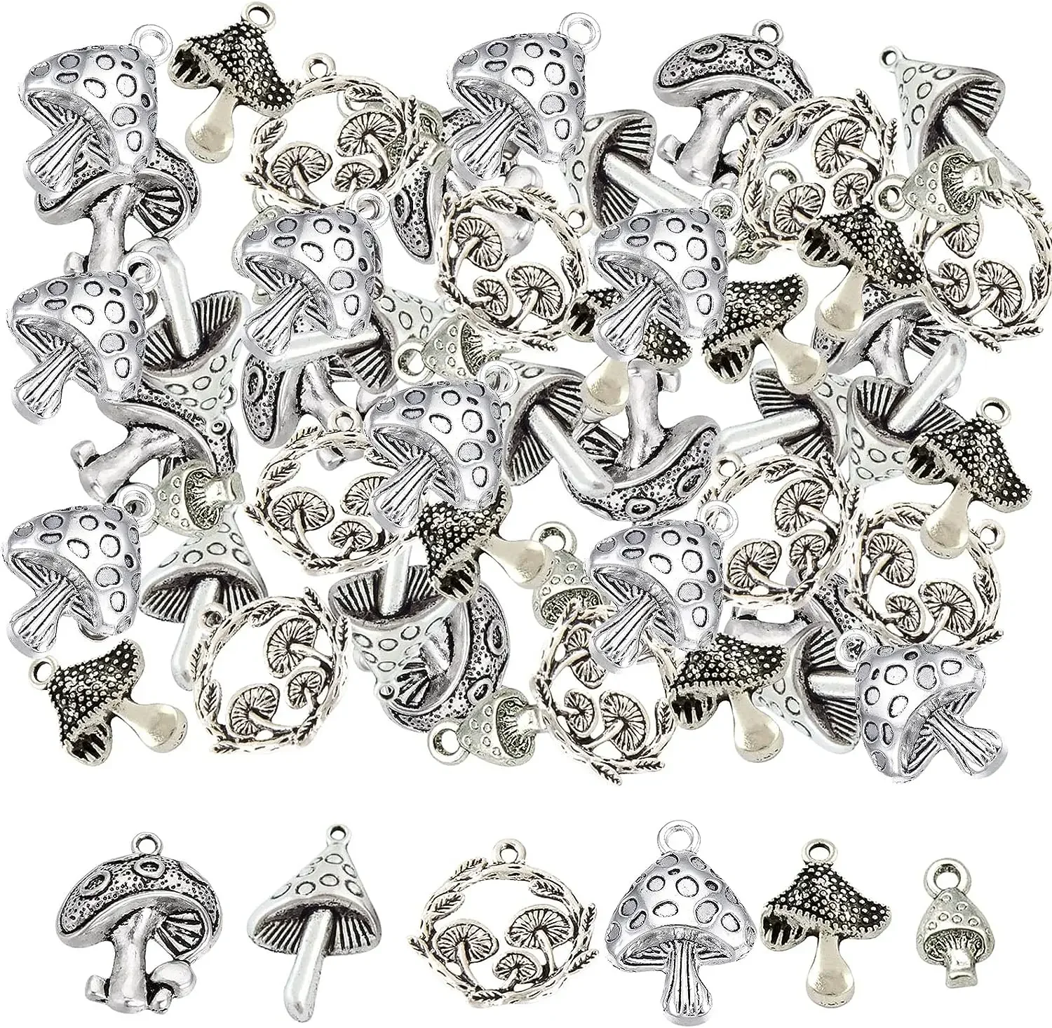 

60Pcs 6 Styles Mushrooms Charms Mushroom Charm Plants Forest Charm Bulk Hollow Round Tibetan Style Tiny Charm for Jewelry Making