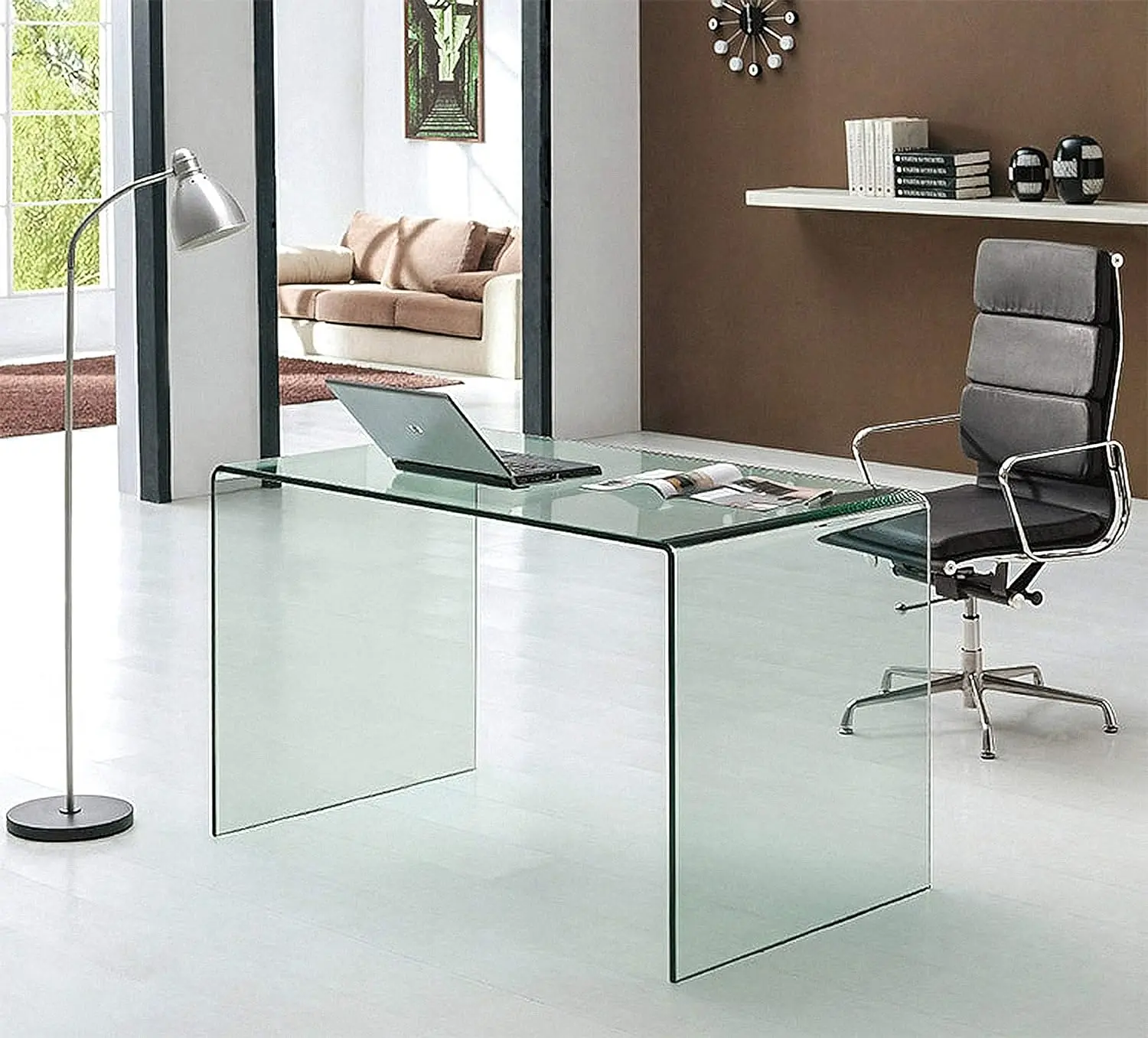 Modern Furniture Bent Glass Computer Desk Contemporary Rectangular Shaped PC Laptop Workstation Study Table Home Office