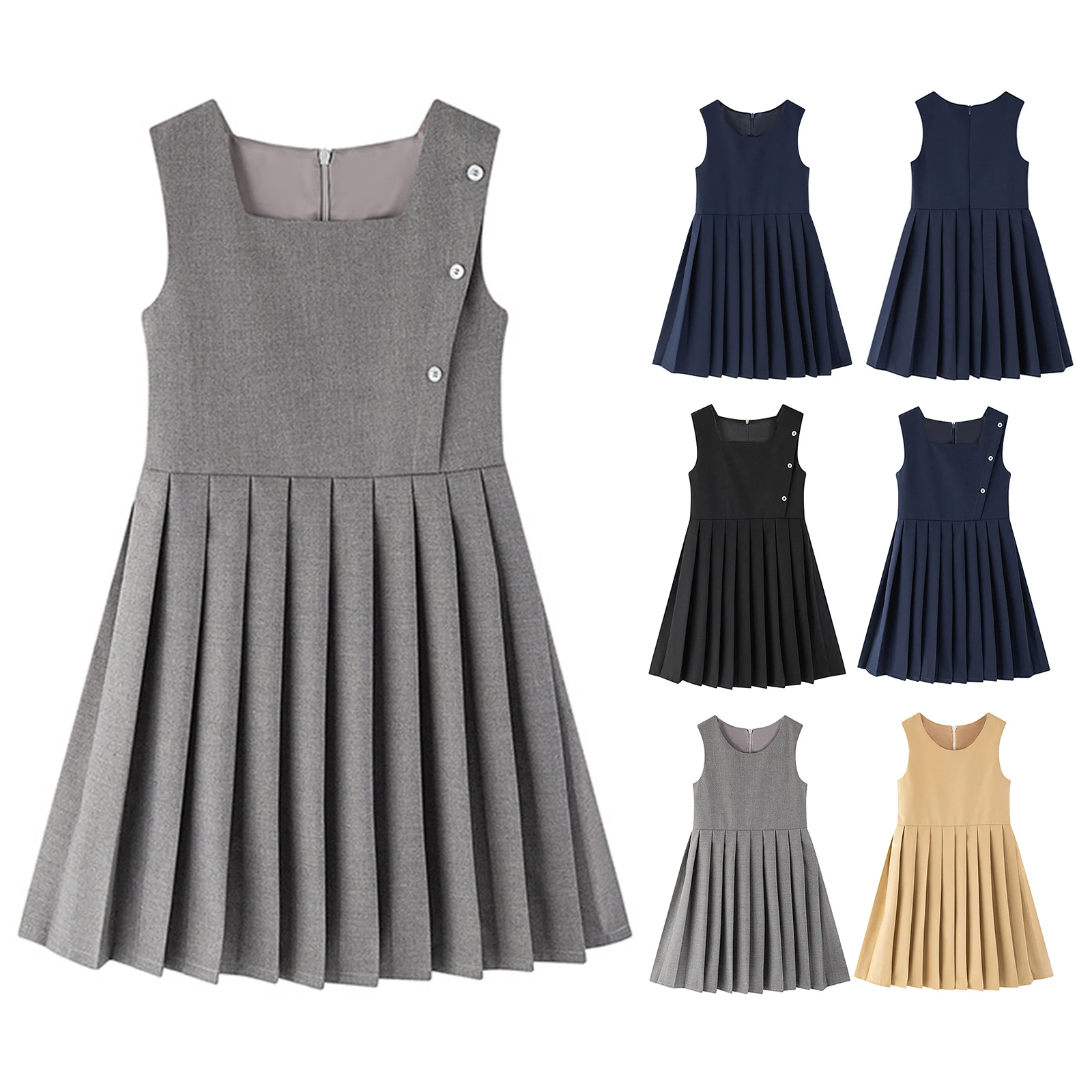 Abito da gilet uniforme scolastica per ragazze per bambini, girocollo, senza maniche, abito da canotta pieghettato, abito stile JK, giornate scolastiche, costumi per feste di compleanno