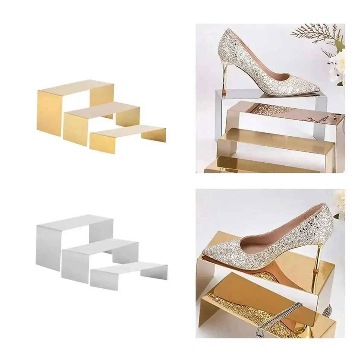 Bag Display Stand Set 3,Silver/Gold Purse Display,Duty Handbag Display Stand Shoe Rack for Wallets,Shoes,Perfume Silver