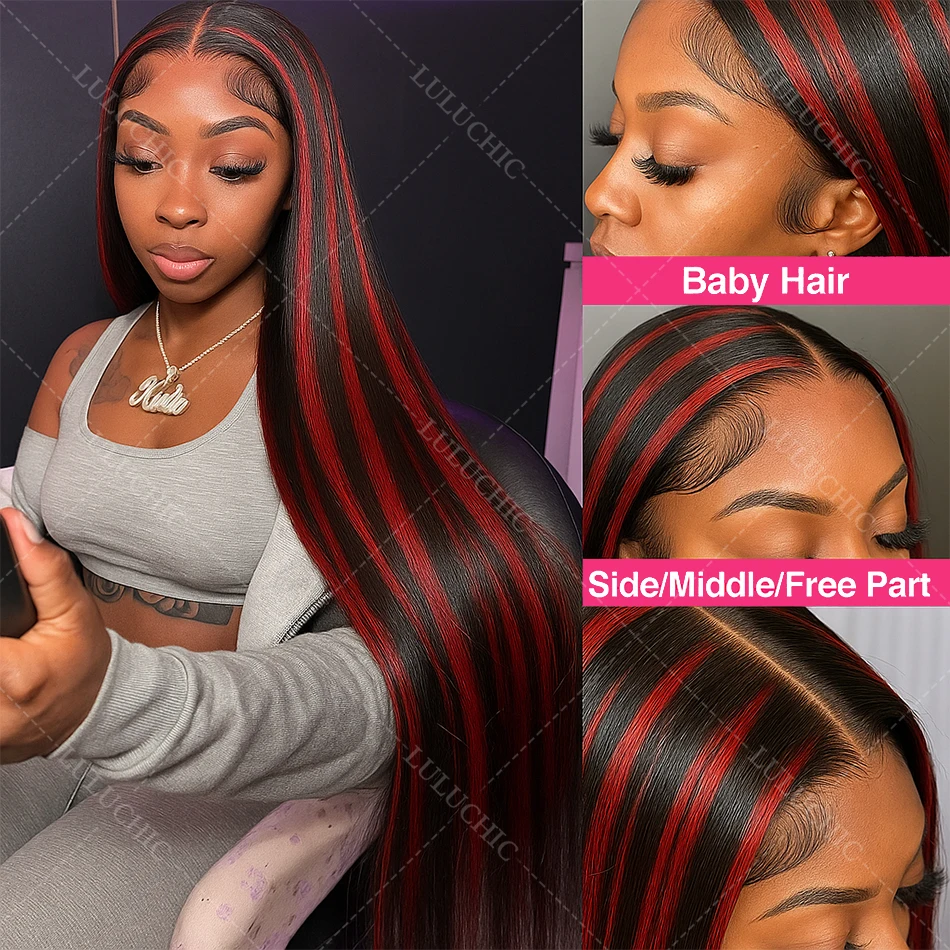 ติดตั้งง่าย วิกผมตรงสีน้ำตาลแดงเบอร์กันดี 1B/99j แบบไม่ต้องใช้กาว  พร้อมเชือกผูกแบบลูกไม้ 5x5  วิกผมแท้จากผมมนุษย์แบบถอนขนมาแล้ว