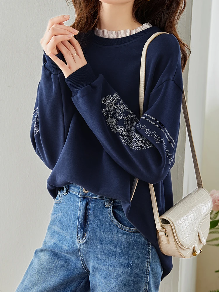 

Heavy Industry Embroidered Lace Sweatshirts Women Winter Autumn Long Sleeve O-Neck Blue Pullovers Loose Casual Tops Jumper Chic