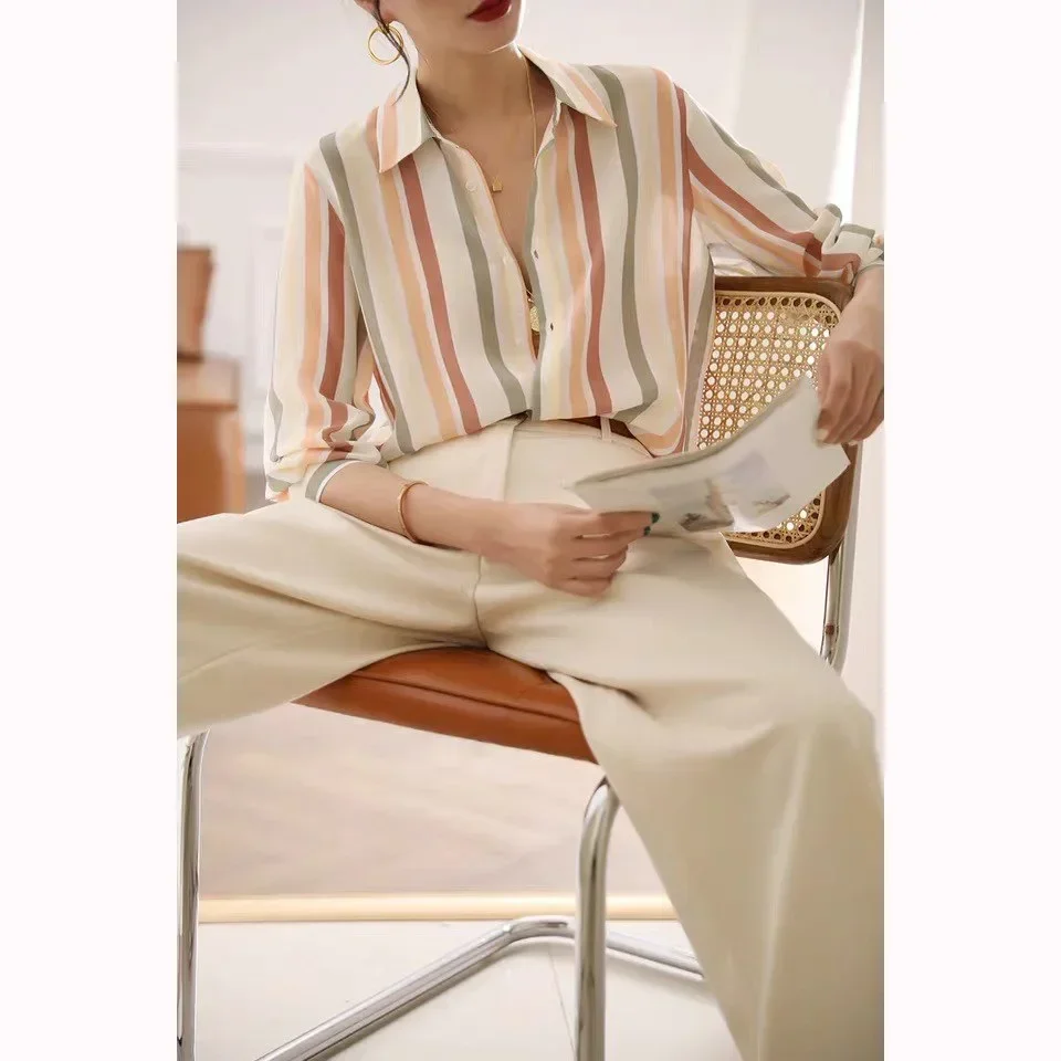Striped Shirt Top Female Long-sleeved Spring Dress 2025 New Niche Retro Silk Silk Shirt Female Slimming