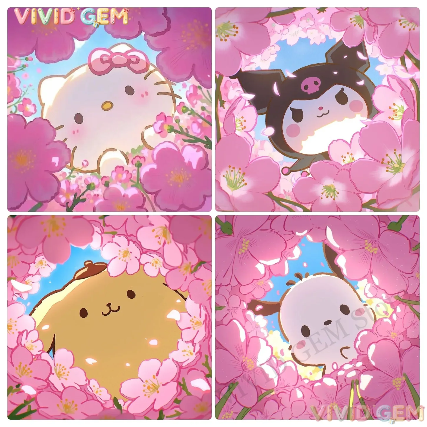 VIVID GEM Sanrio Full Drill Diamond Embroidery My Melody Kuromi Floral Pastel 5D DIY Mosaic Wall Art Gift