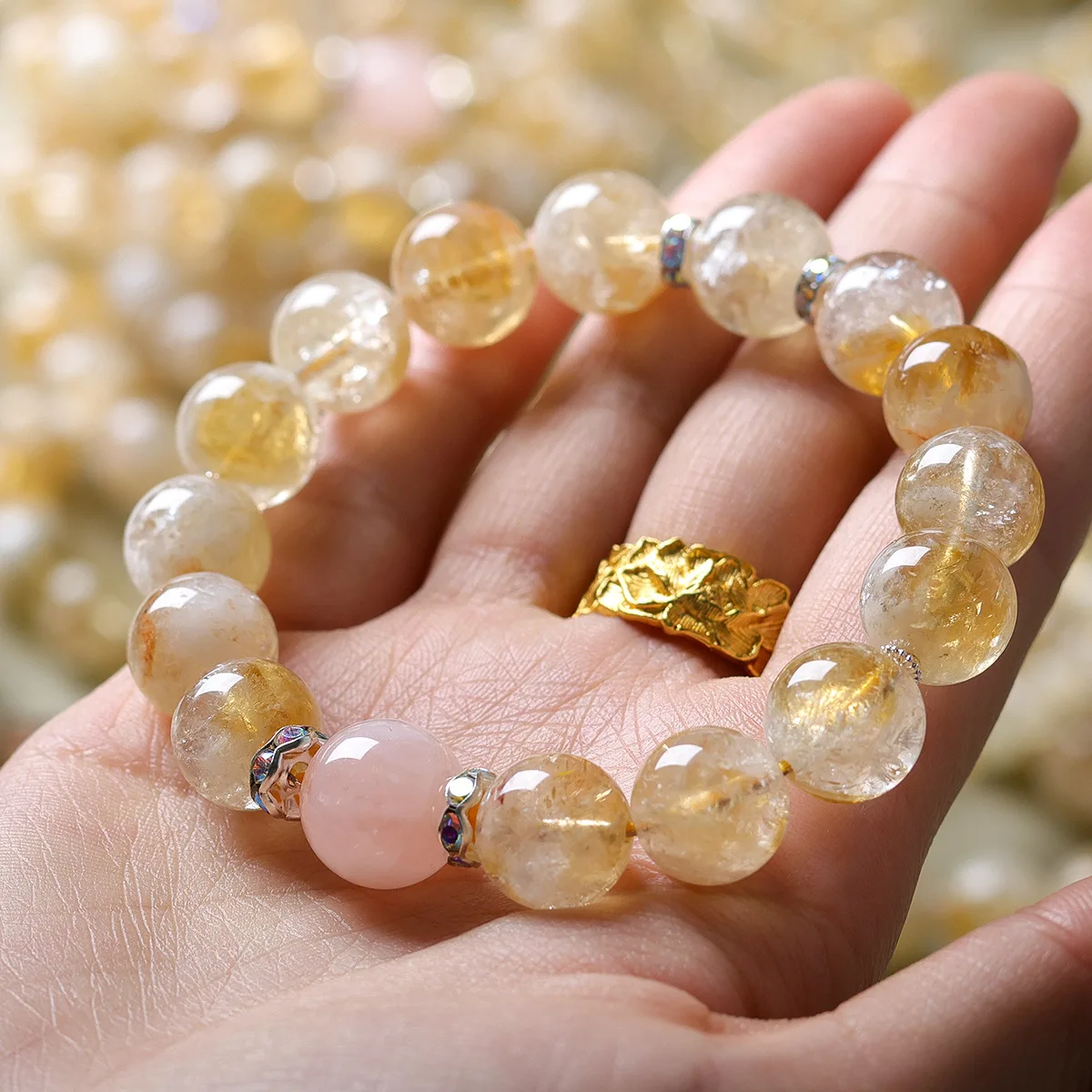 12mm Yellow Tower Crystal Round Bead Bracelet Chinese Style Pink Crystal Bracelet for Women Gifts