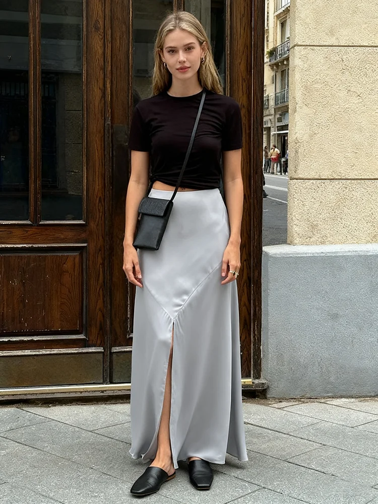 2026 エレガントグレーサテンスカート レディースファッション ミッドウエスト スリット入り 無地スカート カジュアル ルーズ マキシスカート ストリートウェア 女性用スカート