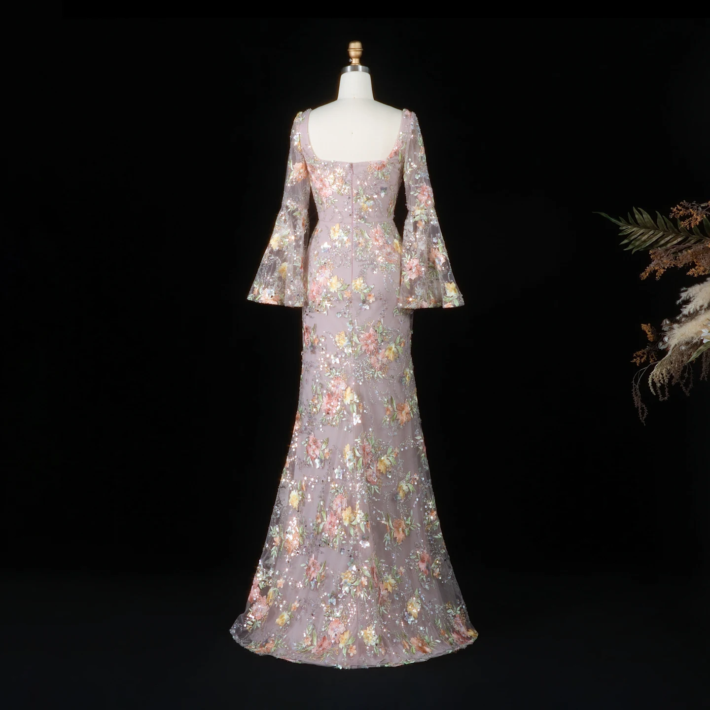 Sharon Said Luxuriöses rosafarbenes, floral besticktes Meerjungfrauen-Abendkleid mit eckigem Ausschnitt, Partykleid für Damen, SS465, maßgeschneidert – Detail 11