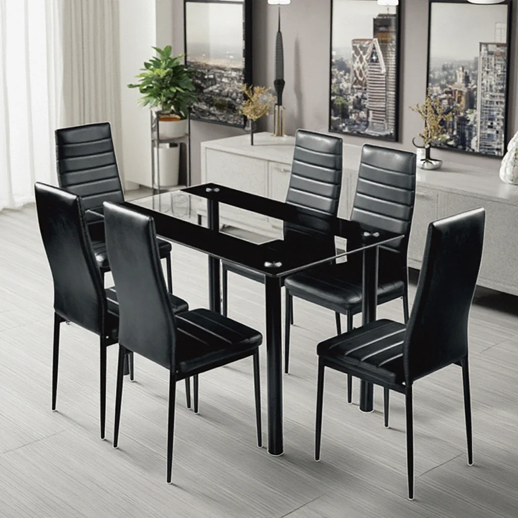

For Best Choice Table Salle a Manger Kitchen Dining Table Set with One Glass Top Table and 6 Black Leather Chairs