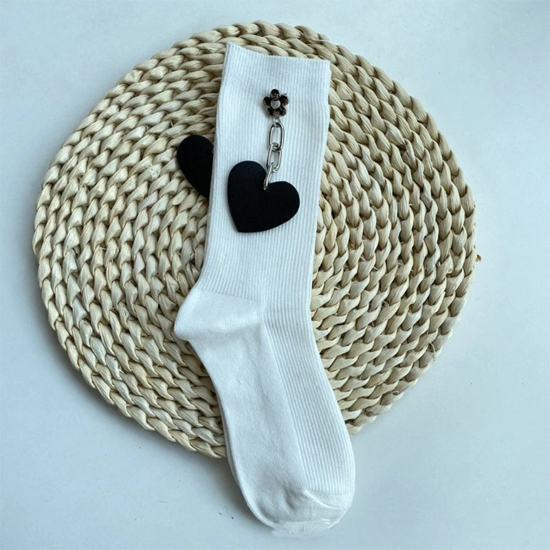 2 Pairs Women Gothic Punk Cotton Socks Harajuku Love Heart Pendant Chain Japanese Tube Stockings