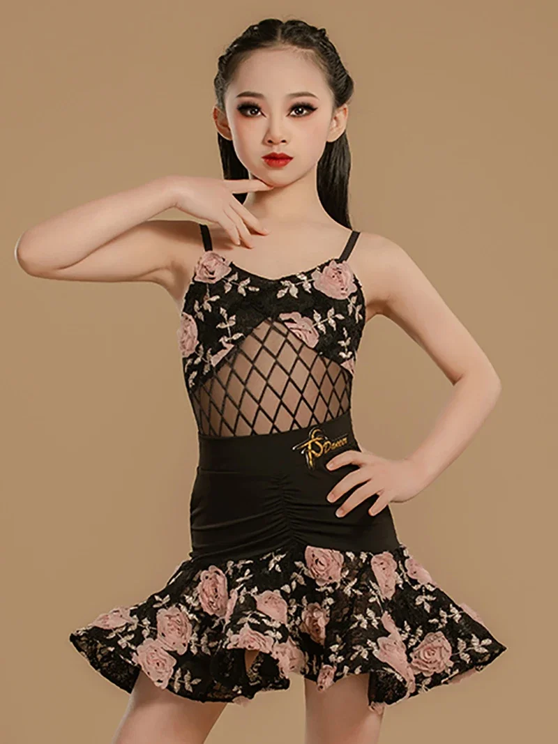

Latin Dance Costumes Kids Girls Ballroom Competition Dancewear Spaghetti Strap Embroidered Flowers Jumpsuit and Big Swing Skirts