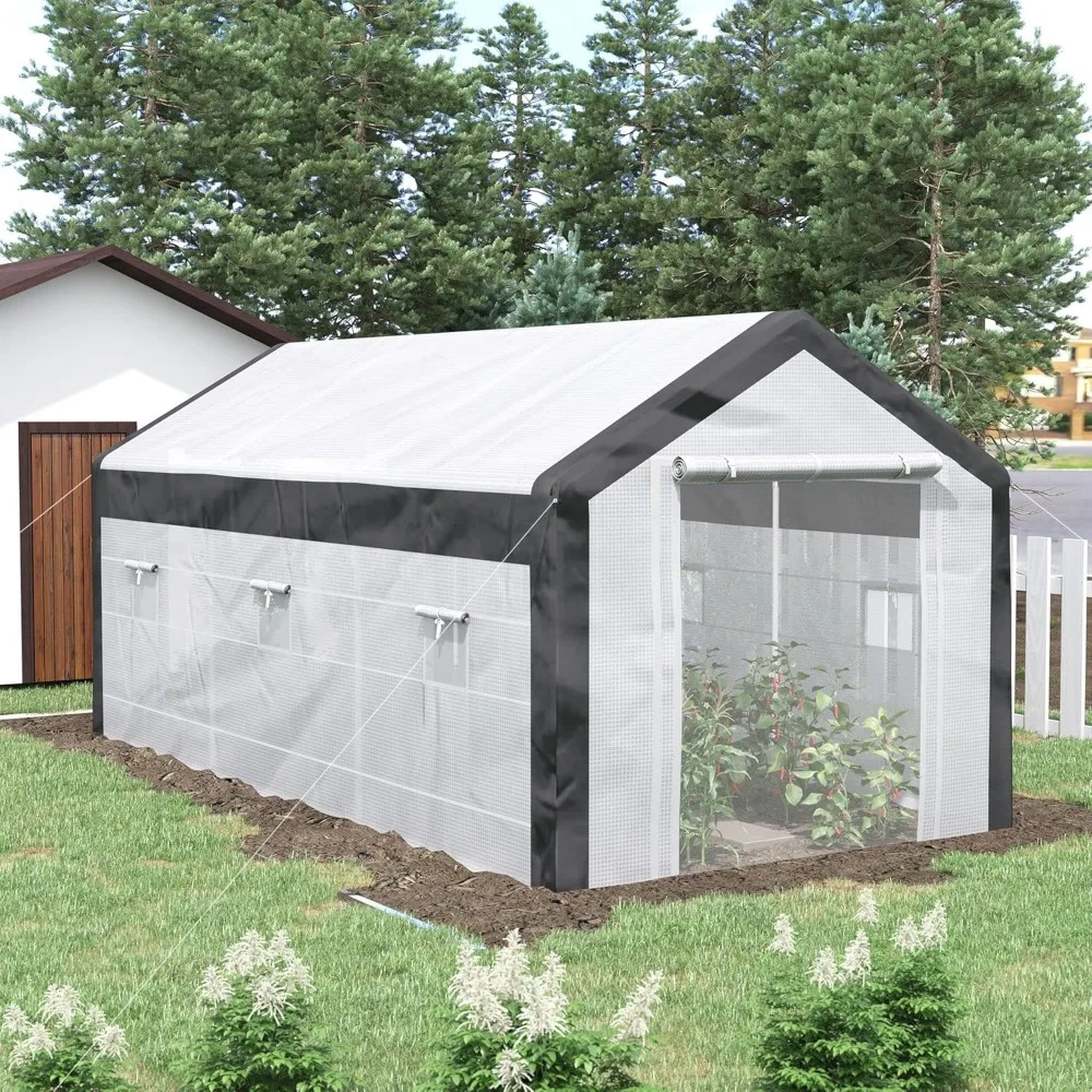 20' x 10' x 9' Walk-in Greenhouse, Outdoor Gardening Canopy with 6 Roll-up Windows, 2 Zippered Doors & Weather Cover