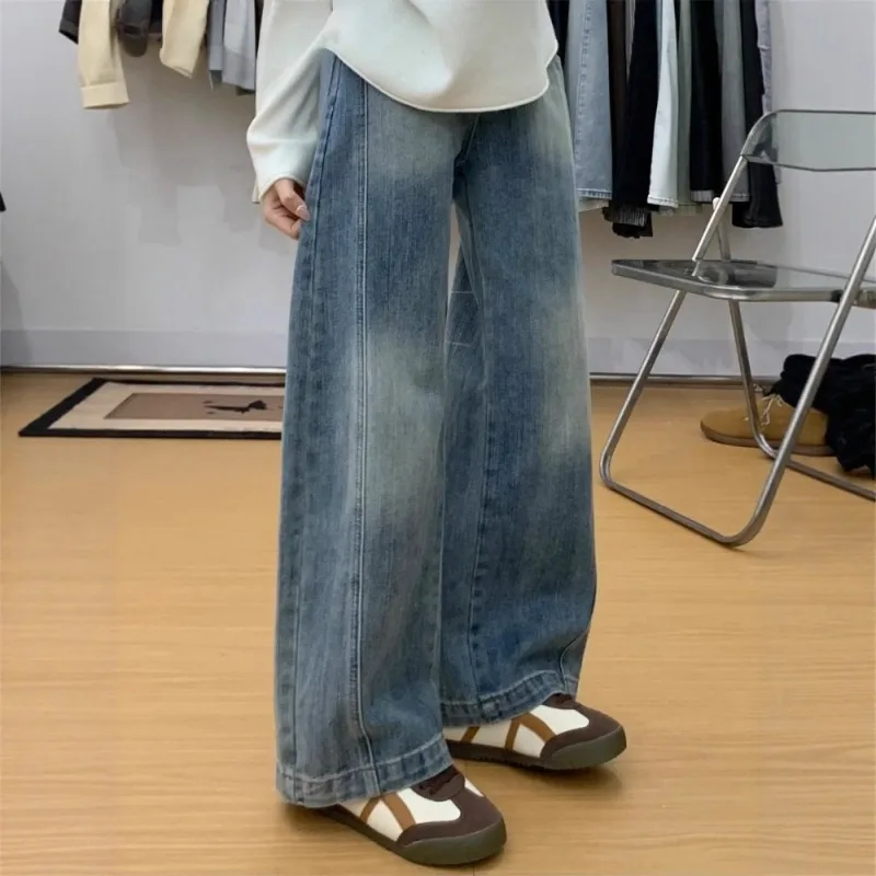 

Женские винтажные широкие джинсы в американском стиле, осень-зима 2025 года, брюки с высокой талией, свободные брюки с изогнутым подолом, драпировка, тонкий дизайн