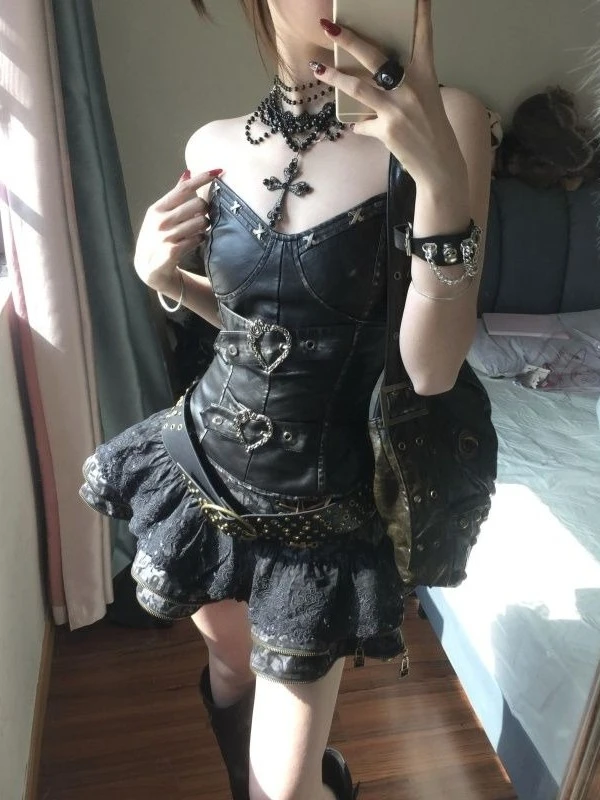 Ensemble 2 pièces Punk gothique Vintage pour femmes, Y2k, Slim, poussin chaud, hauts + jupe courte, esthétique, doux, tendance, Streetwear, nouveaux tenues