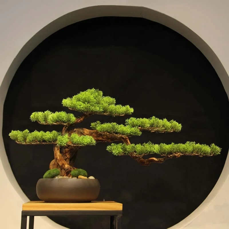 

Simulation of new Chinese welcome pine bonsai ornaments, home living room Bogu rack, creative landscaping, solid wood and green