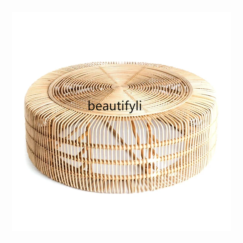 yj Japanese Style Rattan Tea Table Natural Style Hand-Woven Indoor Glass round Tea Table B & B Style Coffee Table