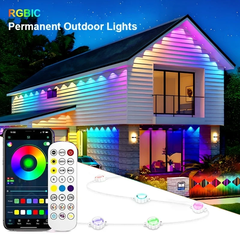 

Permanent Outdoor Lights RGB Eaves Lights Bluetooth IP67 Waterproof APP&Remote Control Music Sync Timer for Party Holiday Decor