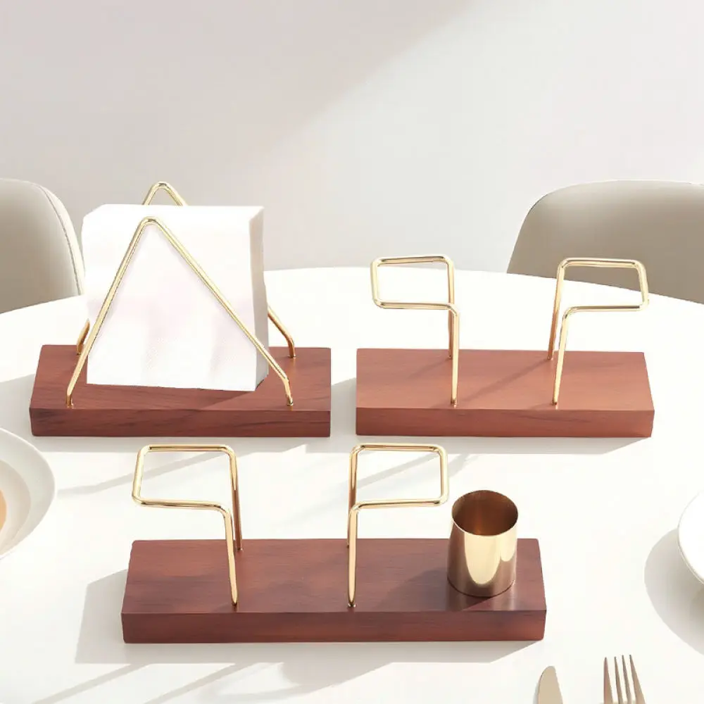 Elegant Walnut Wood Tissue Holder Gold Stainless Steel Napkin Stand With Toothpick Slot For Modern Home Dining Decor