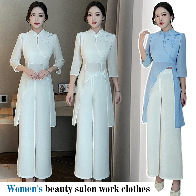 

Beauty Salon Workwear Women Beautician Dress Set Summer Fairy Chiffon Hotel Uniform Foot Therapist SPA Technician Work Clothes