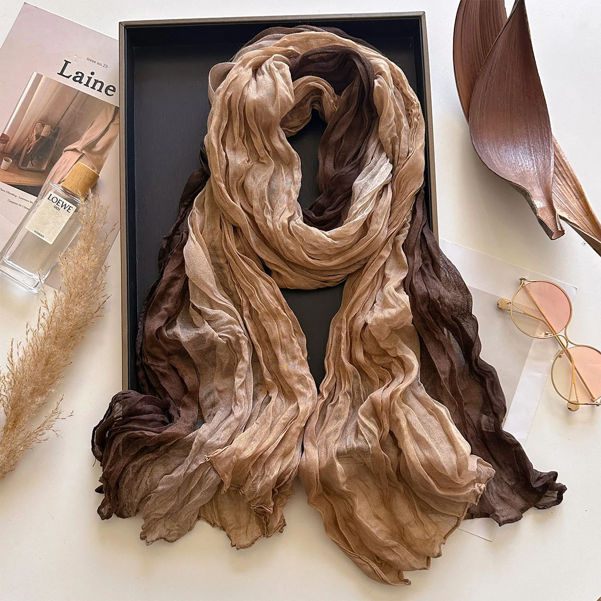 Women Gradient Crinkled Bali Yarn Long Scarf Lightweight Cotton Linen Blend Shawl Soft Breathable Ombre Neck Wrap Minimalist