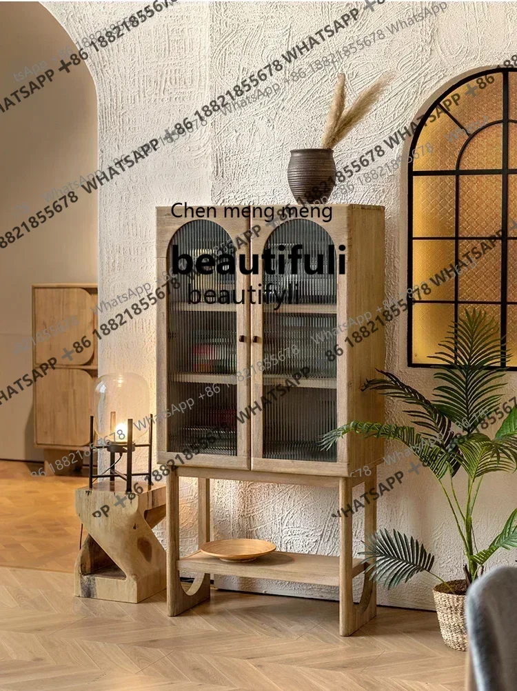 

X Q Solid wood wine cabinet living room dining side cabinet retro Nordic designer display high cabinet against the wall