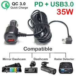 5V 3A Type-C USB QC3.0 Quick Car Charger with Micro Mini Type-C Port for Car Dash cam Radar Detector GPS Camera DVR 3.5Meters