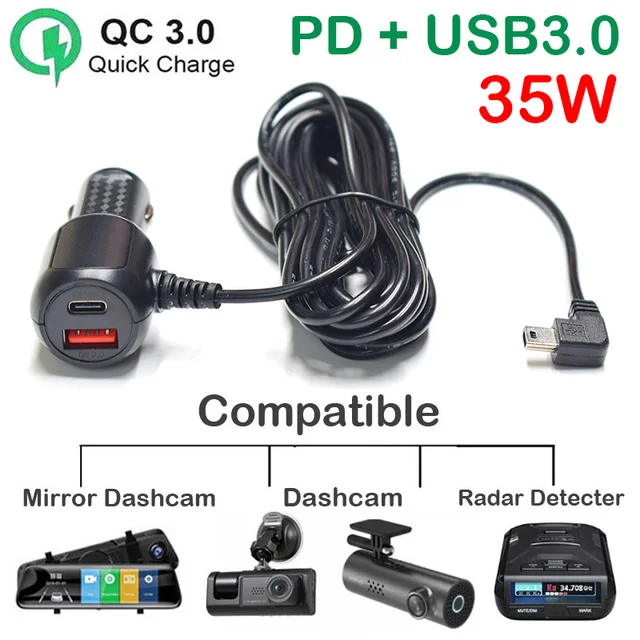 Szybka ładowarka samochodowa 5V 3A Type-C USB QC3.0 z portem Micro Mini Type-C do kamery samochodowej, detektora radarowego, GPS, kamery DVR, 3,5 metra