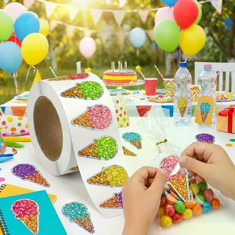 Summer Ice Cream Stickers Roll Holographic Cone: 100-500 Pcs Colored Waterproof Self-Adhesive Decals Gift