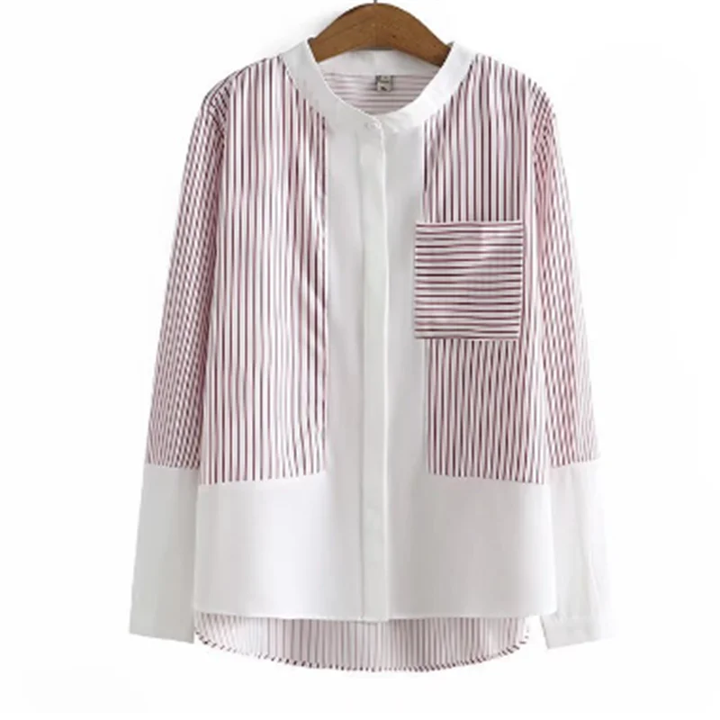 Plus-Size Women's Spring 2022 New Striped Patchwork Round Collar Mid-Length Long-Sleeve Shirt 156