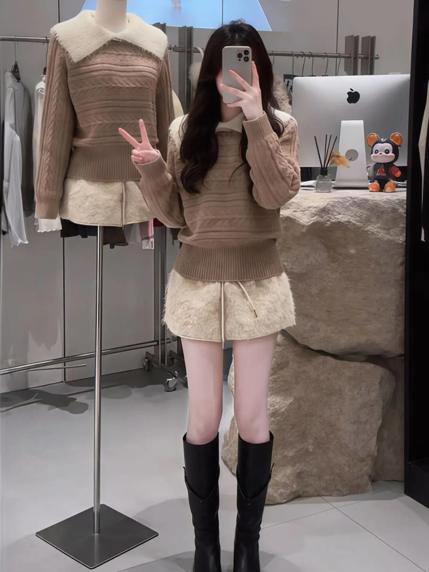 

Rich Girl Spring Faion Set Women's Slimming Versatile Color Blo Collar Knitted Top High Waist Plu Skirt Ensemble