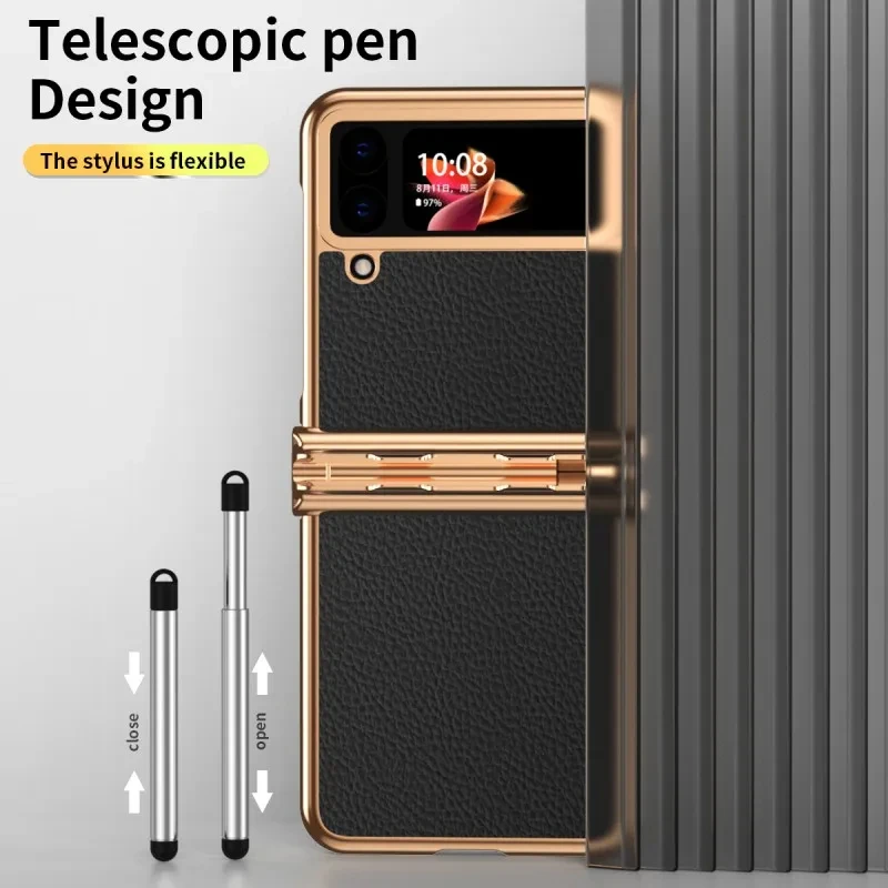 Plating PC Leather Case For Samsung Z Flip 6 5 4 Luxury Hinge Protective Folding Cover for Samsung Galaxy Z Flip 3 5 Touch S Pen