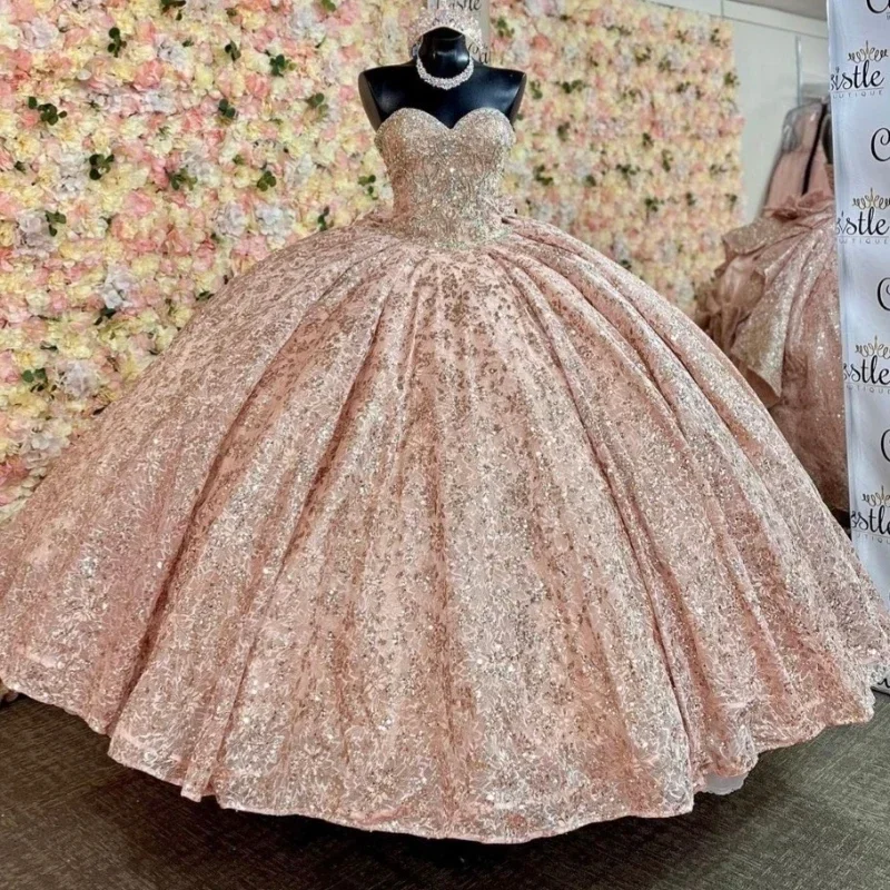 Vestido De quinceañera De princesa rojo rosa brillante, apliques De cuentas De lentejuelas, corsé De 15 años, vestido De fiesta De cumpleaños