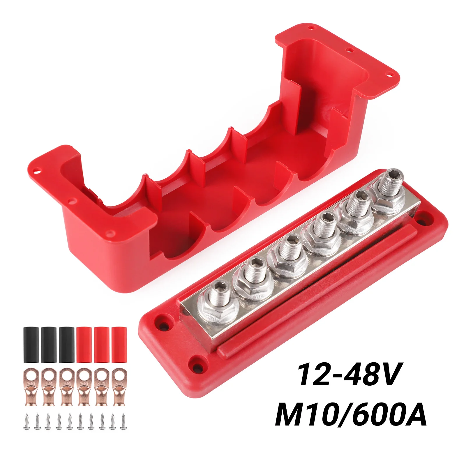 

Power Distribution Block Bus Bar 6 x 3/8" Post Busbar Battery Terminal Block With Cover Copper Lugs Ring Terminals 600A 12V-48V