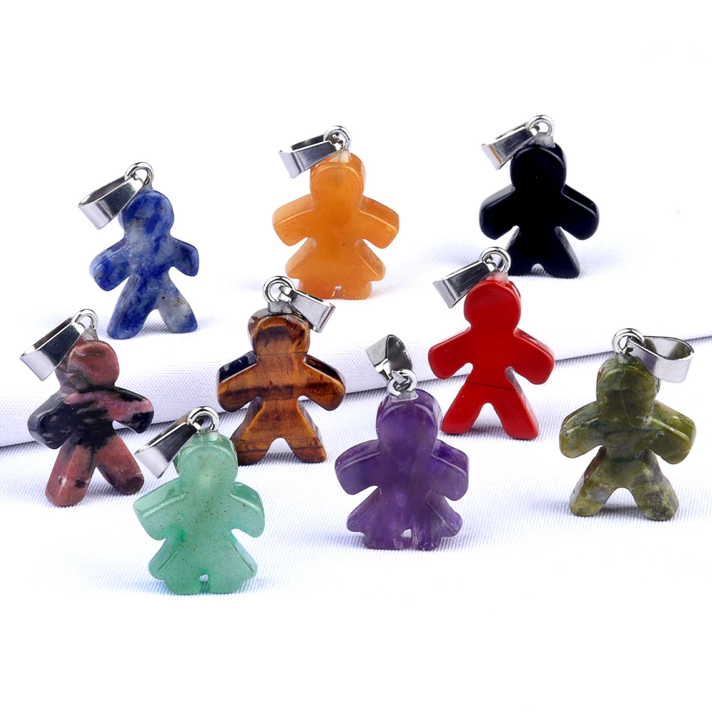 5Pcs Natural Stone Pendant 20x16mm Carved Human Figure Stone Charm with Stainless Steel Bail for DIY Necklace Jewelry Wholesale