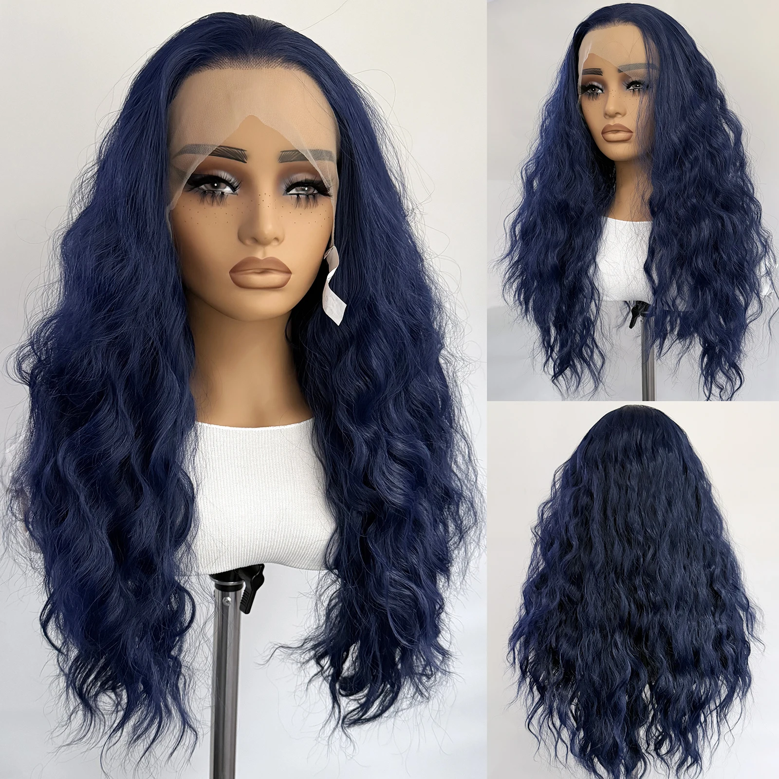 الأزرق الداكن الدانتيل شعر مستعار أمامي 13x4 الاصطناعية طويلة فضفاضة مجعد الباروكات للنساء مقاومة للحرارة الطبيعية المظهر الاستخدام اليومي تأثيري الباروكات