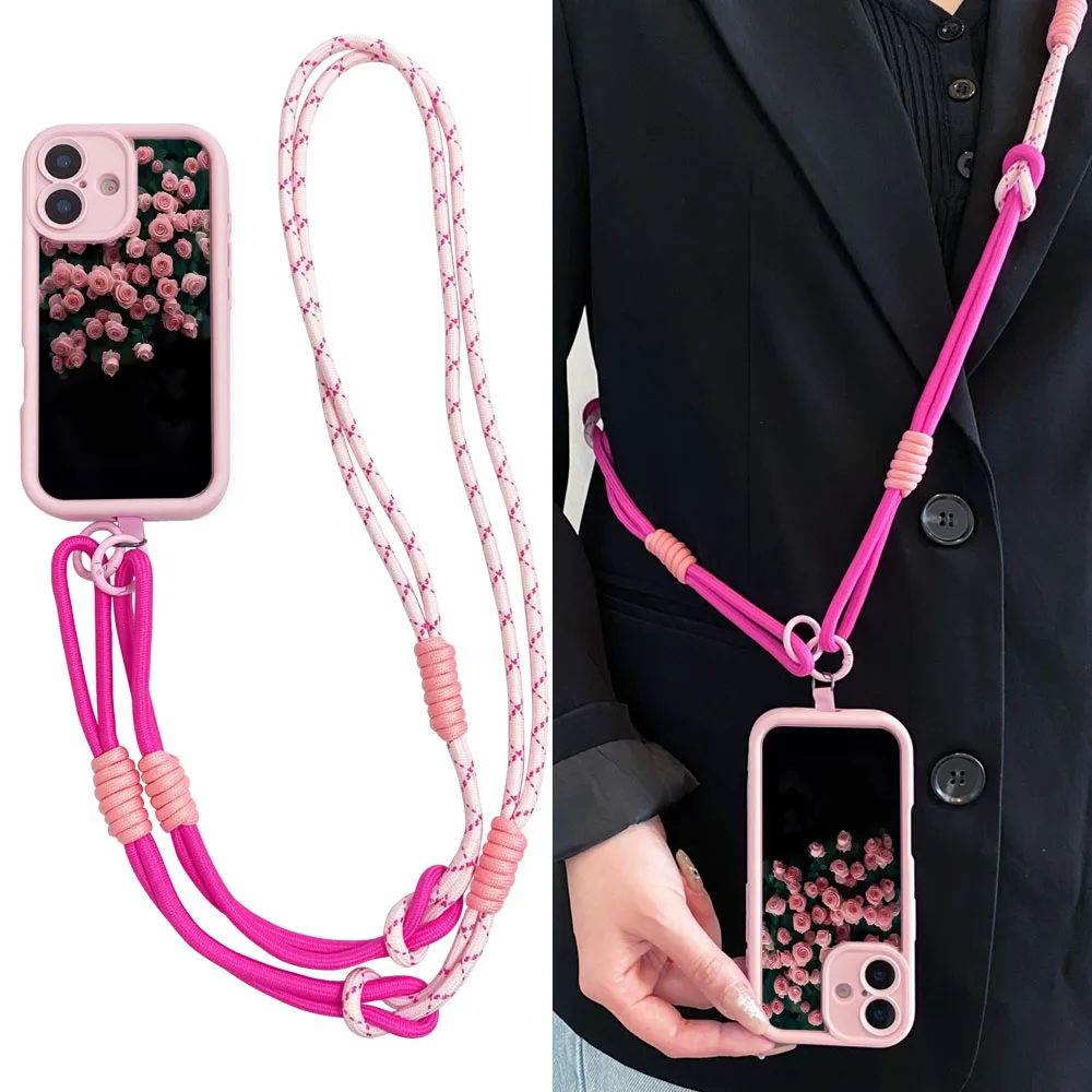 2025 rosa rosecrossbody cordão corda longa caso para iphone 16 15 14 13 12 11 17 pro max xs max xr 7 8 plus corrente de pulso capa do telefone